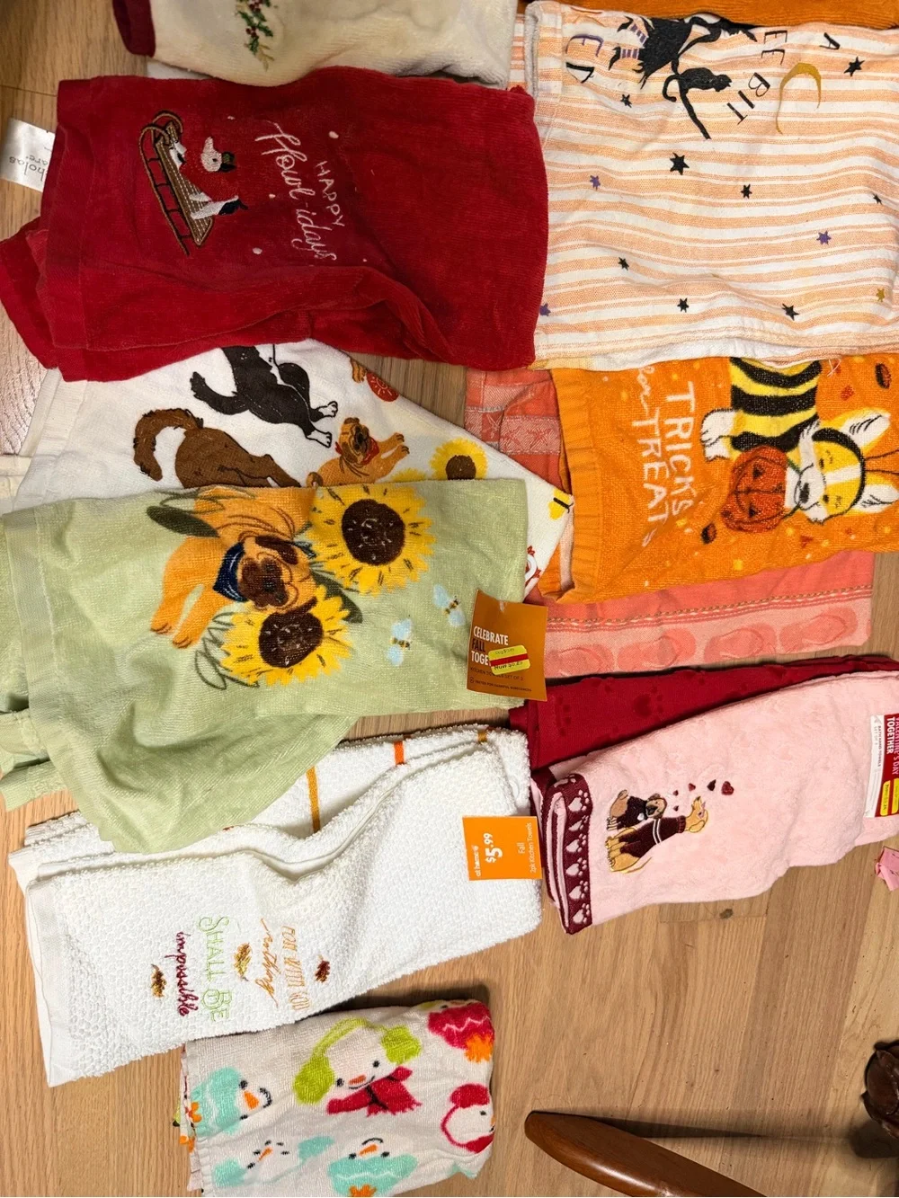 Assorted Colorful Kitchen Towels - Primarily Holiday Themed